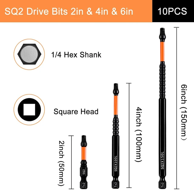Alt view image 2 of 6 - Impact Bit Set, chjcoxk 10PCS #2 Square Drive Bits SQ2 Drill Bit, Magnetic S2 Steel Square Screwdriver Bit, 2" 4" 6" Long