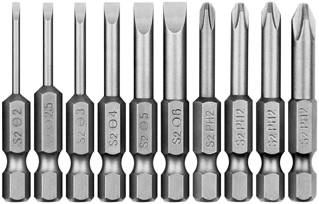 Main image of 10 Pcs Slotted Phillips Magnetic Screwdriver Bit Set Flat Bits for Drill | Phillips and Flat Head, S2 Alloy Steel, 1/4 Inch Hex Shank, 2 Inch/50mm long