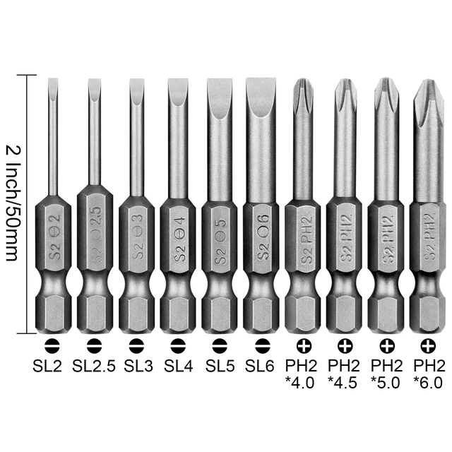Alt view image 3 of 7 - 10 Pcs Slotted Phillips Magnetic Screwdriver Bit Set Flat Bits for Drill | Phillips and Flat Head, S2 Alloy Steel, 1/4 Inch Hex Shank, 2 Inch/50mm long