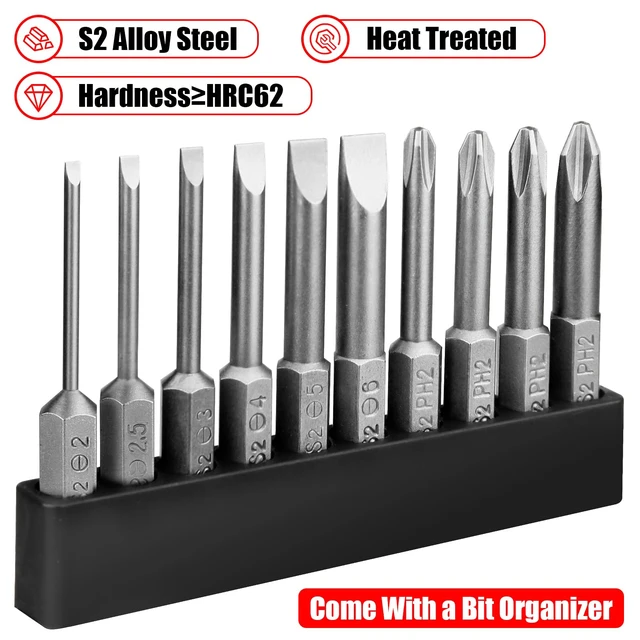 Alt view image 2 of 7 - 10 Pcs Slotted Phillips Magnetic Screwdriver Bit Set Flat Bits for Drill | Phillips and Flat Head, S2 Alloy Steel, 1/4 Inch Hex Shank, 2 Inch/50mm long