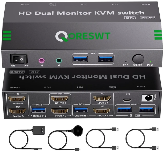 Main image of KVM Switch with Audio for 2 Computers 2 Monitors, 8K 60Hz/4K120Hz 2 Port HDMI Dual Monitor KVM Switches with 4 USB 3.0 Ports for 2 PC Sharing 2 Display Keyboard Mouse Printer Webcam