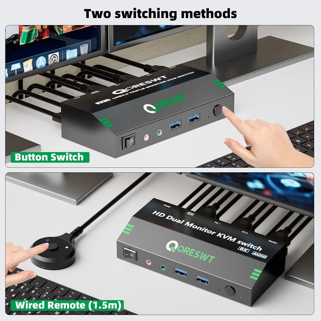 Alt view image 4 of 7 - KVM Switch with Audio for 2 Computers 2 Monitors, 8K 60Hz/4K120Hz 2 Port HDMI Dual Monitor KVM Switches with 4 USB 3.0 Ports for 2 PC Sharing 2 Display Keyboard Mouse Printer Webcam