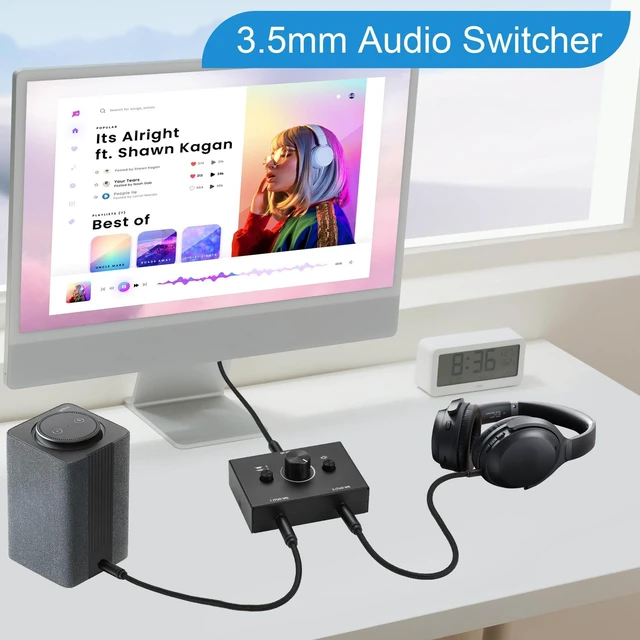 Alt view image 5 of 6 - 3.5mm Stereo Audio Switch Audio Switcher Passive Speaker Headphone Manual Selector Splitter Box Audio Sharing