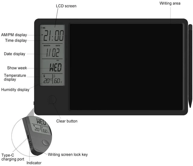 Alt view image 2 of 6 - Electronic Calendar with Notepad Digital Clock Date Display Desktop Calendar Rechargeable 9.5inch Writing Board for Office Business Home Decor(Black)