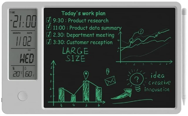 Main image of Electronic Desktop Calendar Rechargeable Writing Notepad with Digital Clock | Digital Clock Date Time Week Indoor Temperature Display,Magnetic Stylus,9.5inch White Drawing Pad for Office Home Decor