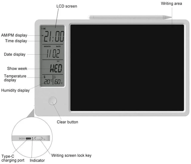 Alt view image 2 of 7 - Electronic Desktop Calendar Rechargeable Writing Notepad with Digital Clock | Digital Clock Date Time Week Indoor Temperature Display,Magnetic Stylus,9.5inch White Drawing Pad for Office Home Decor