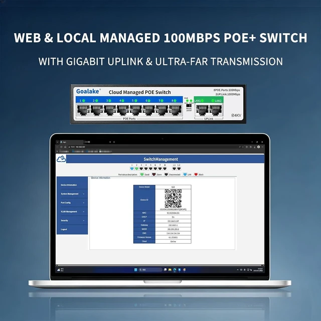 Alt view image 2 of 7 - Goalake PoE Switch, 10 Ports Managed PoE Ethernet Switch (8*100M PoE Ports +2*1000M Uplinks), 120W Built in Power, 250m Extend Function, VLAN, QoS, Fanless Metal, Desktop/Wall Mount, Plug and Play