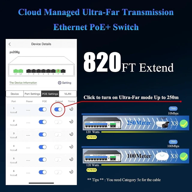 Alt view image 3 of 7 - Goalake PoE Switch, 10 Ports Managed PoE Ethernet Switch (8*100M PoE Ports +2*1000M Uplinks), 120W Built in Power, 250m Extend Function, VLAN, QoS, Fanless Metal, Desktop/Wall Mount, Plug and Play