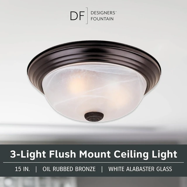 Alt view image 2 of 6 - DESIGNERS FOUNTAIN Reedley 3-Lights Flush Mount Ceiling Light, 15 Inch Lighting Fixture for Kitchen, Bedroom, Bathroom, and Hallway, White Alabaster Glass, Oil Rubbed Bronze, 1257L-ORB-AL