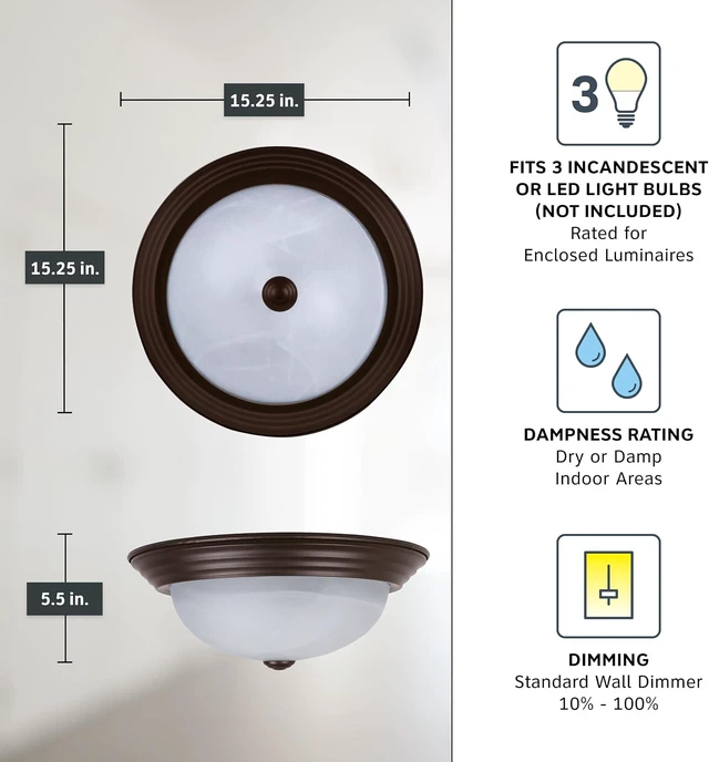 Alt view image 4 of 6 - DESIGNERS FOUNTAIN Reedley 3-Lights Flush Mount Ceiling Light, 15 Inch Lighting Fixture for Kitchen, Bedroom, Bathroom, and Hallway, White Alabaster Glass, Oil Rubbed Bronze, 1257L-ORB-AL