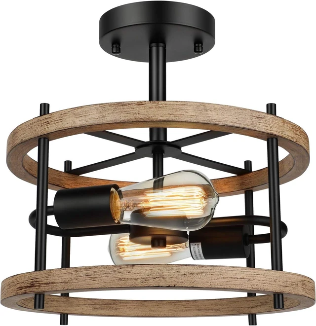 Main image of 2-Light Semi Flush Mount Ceiling Light Fixture, Vintage Wood Ceiling Light