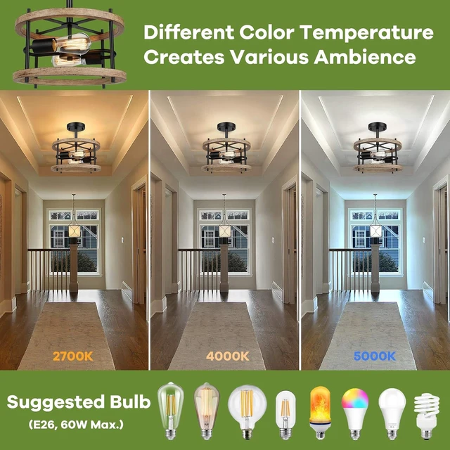 Alt view image 3 of 7 - 2-Light Semi Flush Mount Ceiling Light Fixture, Vintage Wood Ceiling Light
