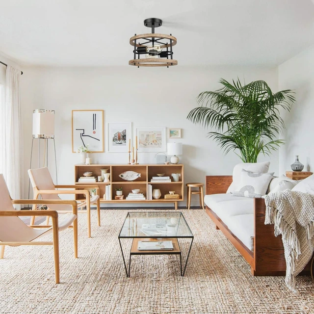 Alt view image 7 of 7 - 2-Light Semi Flush Mount Ceiling Light Fixture, Vintage Wood Ceiling Light