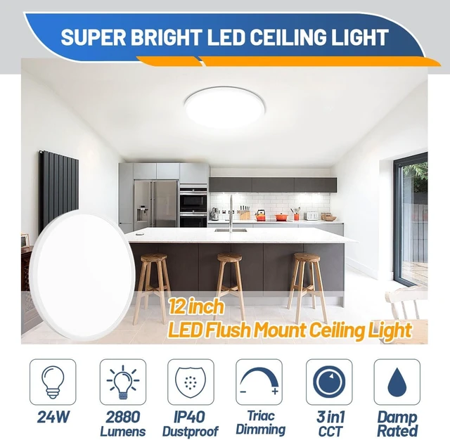 Alt view image 2 of 7 - Allsmartlife LED Flush Mount Ceiling Light Fixture, 12inch 24W 2880lm CCT 3000K/4000K/6500K Thin Round Flat Panel Light Surface Mount for Kitchen, Bedroom, Laundry. Dimmable Ceiling Lamp