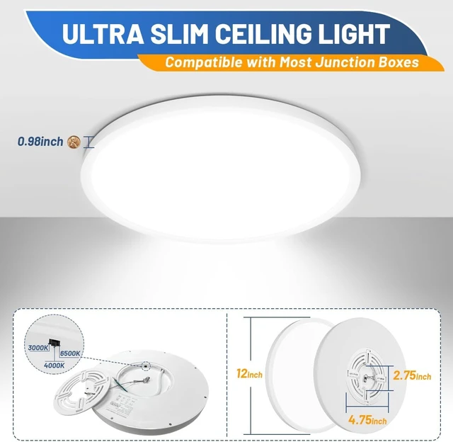 Alt view image 4 of 7 - Allsmartlife LED Flush Mount Ceiling Light Fixture, 12inch 24W 2880lm CCT 3000K/4000K/6500K Thin Round Flat Panel Light Surface Mount for Kitchen, Bedroom, Laundry. Dimmable Ceiling Lamp