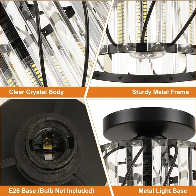 Alt view image 5 of 7 - Black Crystal Ceiling Light Fixture - Small Crystal Chandelier Semi Flush Mount Ceiling Light Modern Hallway Lights fixtures for Entryway Bedroom Porch Kitchen (11 Inch, Bulb not Included)