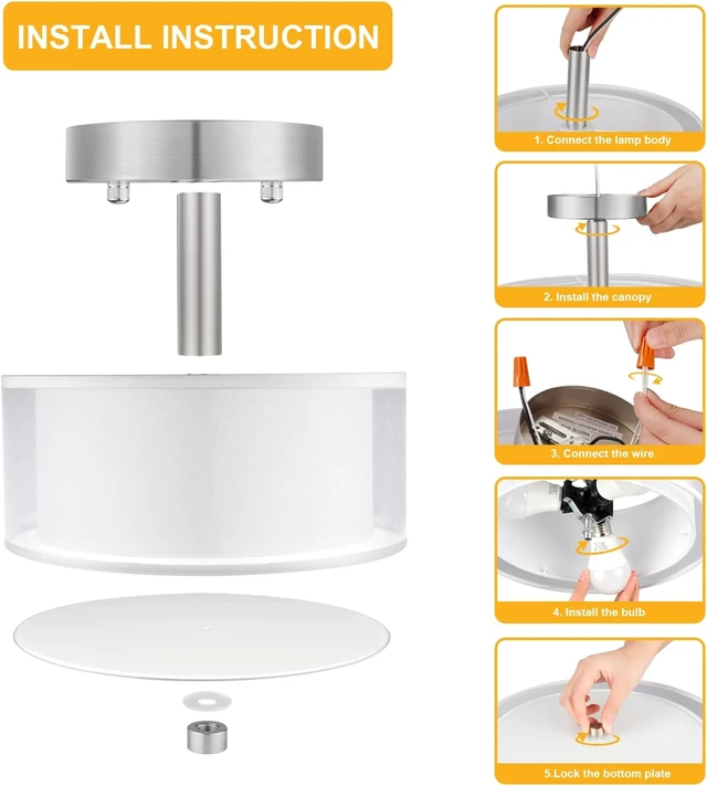 Alt view image 7 of 7 - 3-Light Semi Flush Mount Ceiling Light Fixture, Drum Light Ceiling Lighting