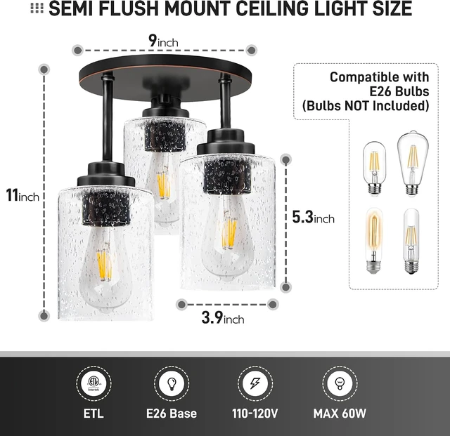 Alt view image 5 of 7 - hykolity Semi Flush Mount Ceiling Light, Close to Ceiling Light Fixtures