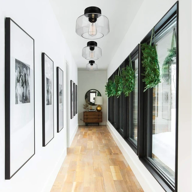 Alt view image 4 of 7 - MAXvolador Industrial Semi Flush Mount Ceiling Light, Clear Glass Pendant Lamp Shade, Farmhouse Lighting for Hallway, Vintage Hanging Light Fixtures