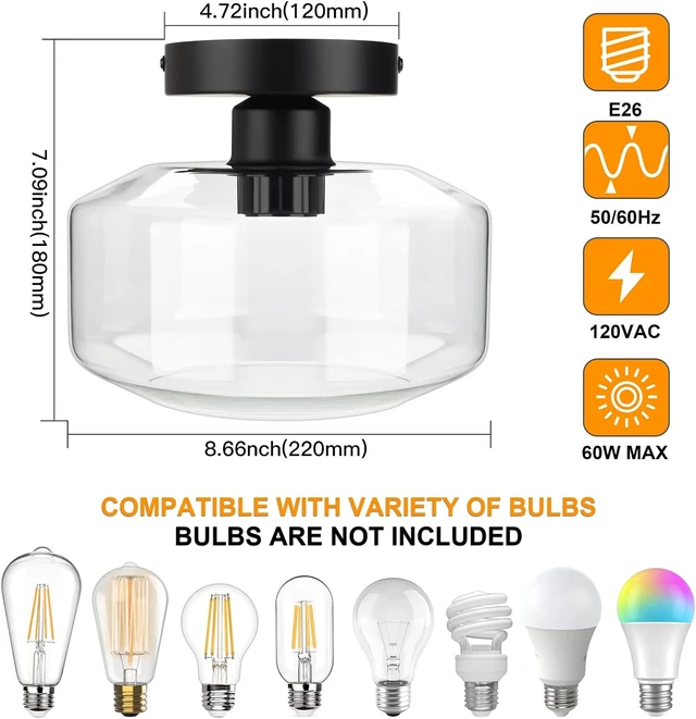 Alt view image 5 of 7 - MAXvolador Industrial Semi Flush Mount Ceiling Light, Clear Glass Pendant Lamp Shade, Farmhouse Lighting for Hallway, Vintage Hanging Light Fixtures
