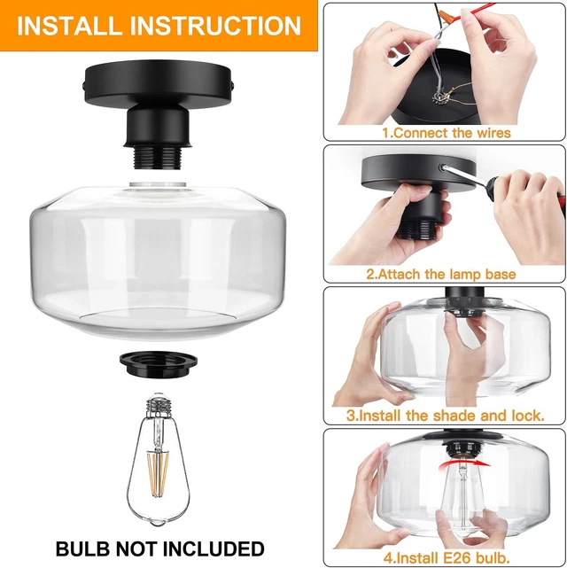 Alt view image 6 of 7 - MAXvolador Industrial Semi Flush Mount Ceiling Light, Clear Glass Pendant Lamp Shade, Farmhouse Lighting for Hallway, Vintage Hanging Light Fixtures