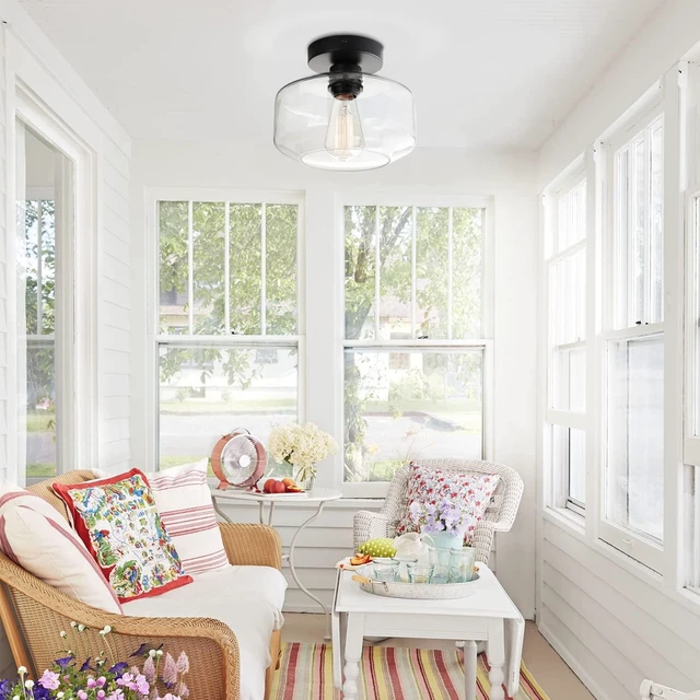 Alt view image 7 of 7 - MAXvolador Industrial Semi Flush Mount Ceiling Light, Clear Glass Pendant Lamp Shade, Farmhouse Lighting for Hallway, Vintage Hanging Light Fixtures