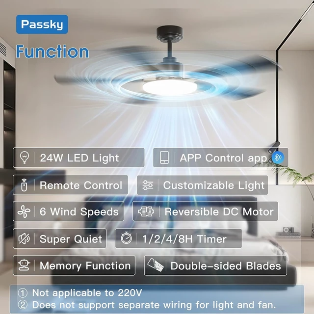 Alt view image 2 of 7 - Passky 52 Inch Black Sleek Ceiling Fans with Lights, Remote Control