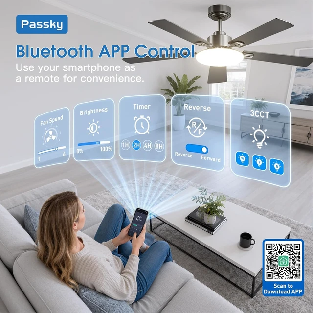 Alt view image 5 of 7 - Passky 52 Inch Black Sleek Ceiling Fans with Lights, Remote Control