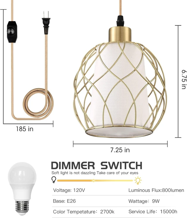 Alt view image 6 of 7 - Ruzectt Plug in Pendant Light, Gold Hanging Lamp with Dimmable Switch, 15 ft Golden Cotton Cord, Hanging Light Fixture for Kitchen, Living Room, Bedroom (Bulb Included)