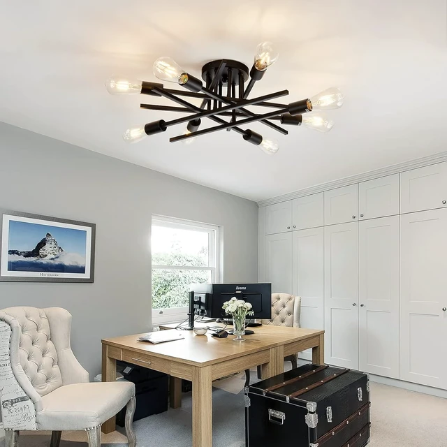 Alt view image 2 of 7 - ASGYISA 8-Lights Semi Flush Mount Ceiling Light FixtureModern Black Vintage Metal Sputnik Chandelier Ceiling Lamp for Bedroom Kitchen Dining Room Living Room with E26 Bulb Base