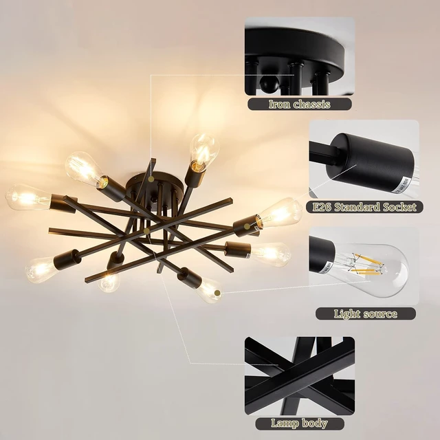Alt view image 5 of 7 - ASGYISA 8-Lights Semi Flush Mount Ceiling Light FixtureModern Black Vintage Metal Sputnik Chandelier Ceiling Lamp for Bedroom Kitchen Dining Room Living Room with E26 Bulb Base