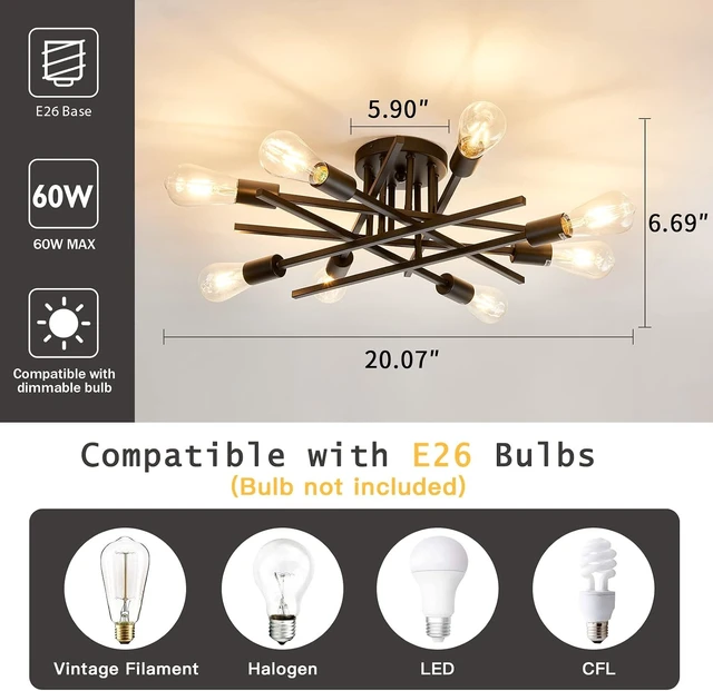 Alt view image 3 of 7 - ASGYISA 8-Lights Semi Flush Mount Ceiling Light FixtureModern Black Vintage Metal Sputnik Chandelier Ceiling Lamp for Bedroom Kitchen Dining Room Living Room with E26 Bulb Base