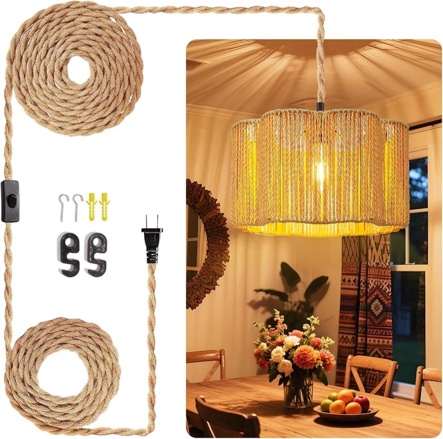 Main image of Hanging Lamps Rattan Pendant Light Hanging Lights 16.4ft Plug in Cord Pendant Light Fixture Plug Into Wall Outlet Pendant Lighting with On Off Switch for Bedroom Living (Cylindrical Flower Shade)