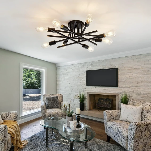 Alt view image 7 of 7 - ASGYISA 8-Lights Semi Flush Mount Ceiling Light FixtureModern Black Vintage Metal Sputnik Chandelier Ceiling Lamp for Bedroom Kitchen Dining Room Living Room with E26 Bulb Base