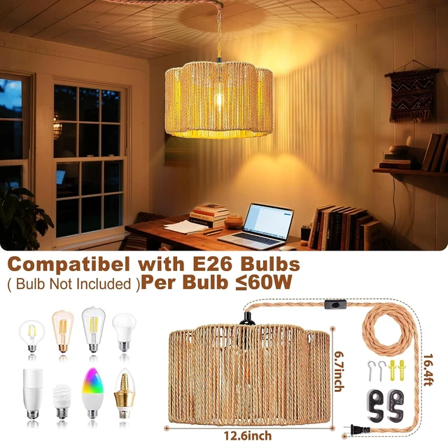 Alt view image 2 of 7 - Hanging Lamps Rattan Pendant Light Hanging Lights 16.4ft Plug in Cord Pendant Light Fixture Plug Into Wall Outlet Pendant Lighting with On Off Switch for Bedroom Living (Cylindrical Flower Shade)