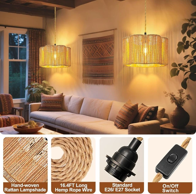 Alt view image 3 of 7 - Hanging Lamps Rattan Pendant Light Hanging Lights 16.4ft Plug in Cord Pendant Light Fixture Plug Into Wall Outlet Pendant Lighting with On Off Switch for Bedroom Living (Cylindrical Flower Shade)