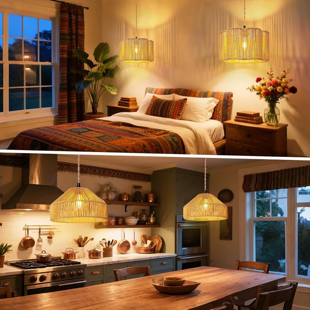 Alt view image 7 of 7 - Hanging Lamps Rattan Pendant Light Hanging Lights 16.4ft Plug in Cord Pendant Light Fixture Plug Into Wall Outlet Pendant Lighting with On Off Switch for Bedroom Living (Cylindrical Flower Shade)