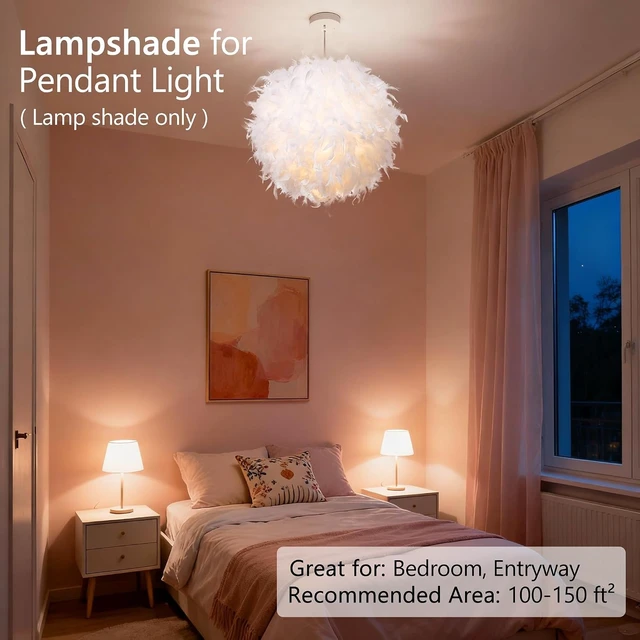 Alt view image 3 of 6 - Waneway 15.7 inches Feather Lamp Shade for Ceiling Pendant Light, Lampshade for Table Lamp and Floor Lamp for Living Room, Bedroom, Wedding or Party Decoration, White