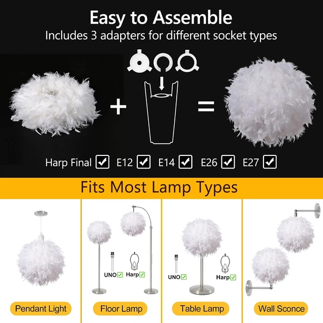 Alt view image 5 of 6 - Waneway 15.7 inches Feather Lamp Shade for Ceiling Pendant Light, Lampshade for Table Lamp and Floor Lamp for Living Room, Bedroom, Wedding or Party Decoration, White