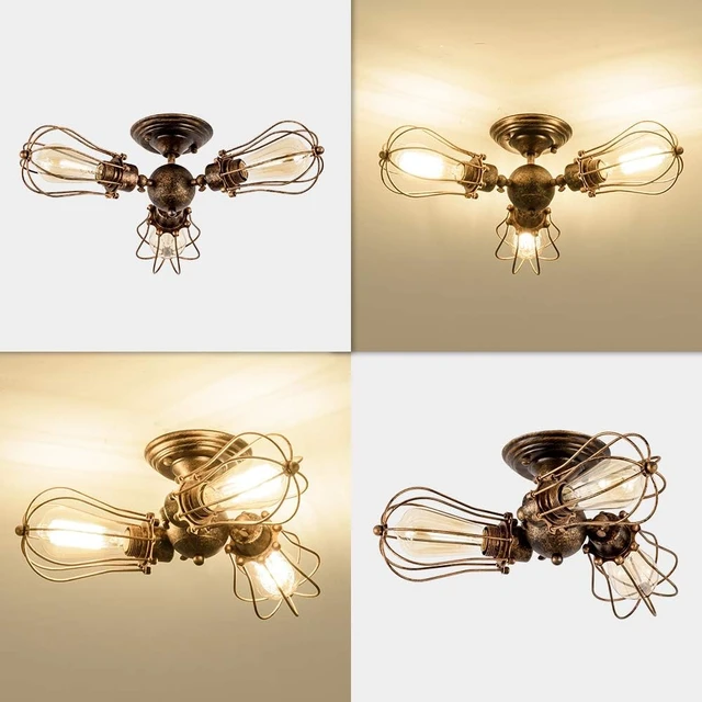 Alt view image 7 of 7 - Luling Vintage Ceiling Light Industrial, Adjustable Socket Metal Wire Cage Lamp Semi-Flush Mount Rustic Ceiling Light Metal Lamp Fixtures (No Bulb) (with 3 Light) (Bronze)