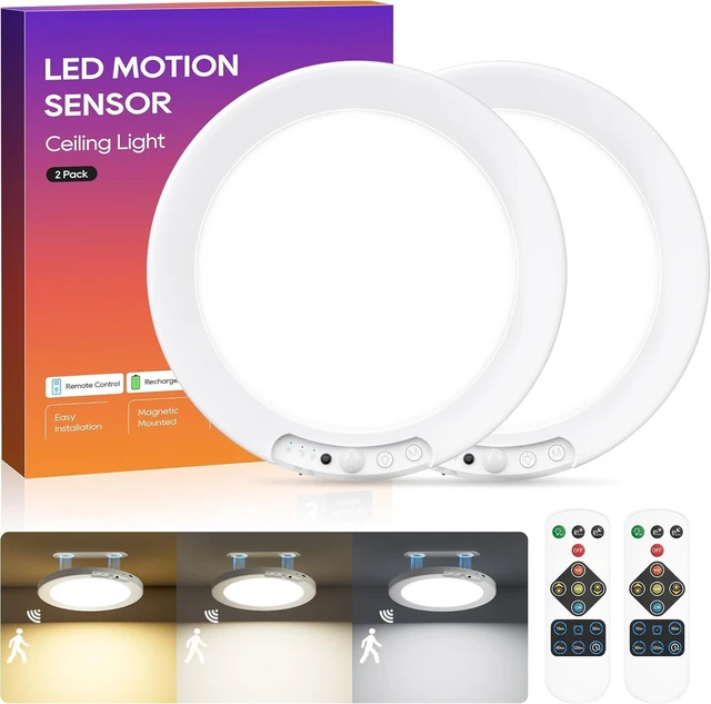 Main image of 2 Pack Rechargeable Motion Sensor Ceiling Light, 8000mAh Battery Operated Ceiling Lights with Remote, Magnetic Wireless Closet Light, 3 Color Dimmable LED Lights for Closet Shower Pantry Hallway