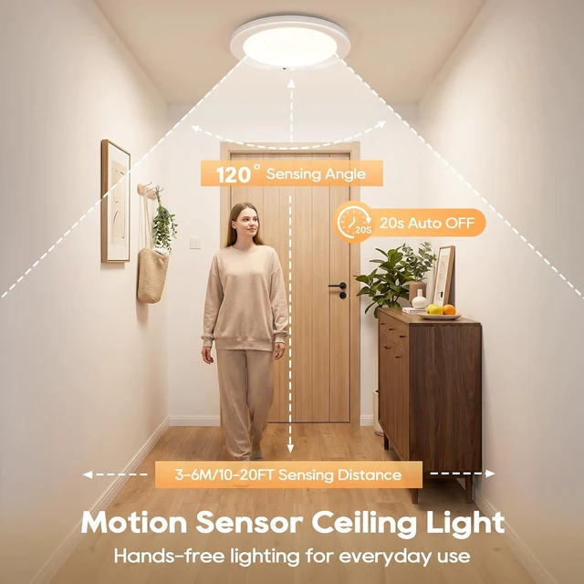 Alt view image 2 of 7 - 2 Pack Rechargeable Motion Sensor Ceiling Light, 8000mAh Battery Operated Ceiling Lights with Remote, Magnetic Wireless Closet Light, 3 Color Dimmable LED Lights for Closet Shower Pantry Hallway