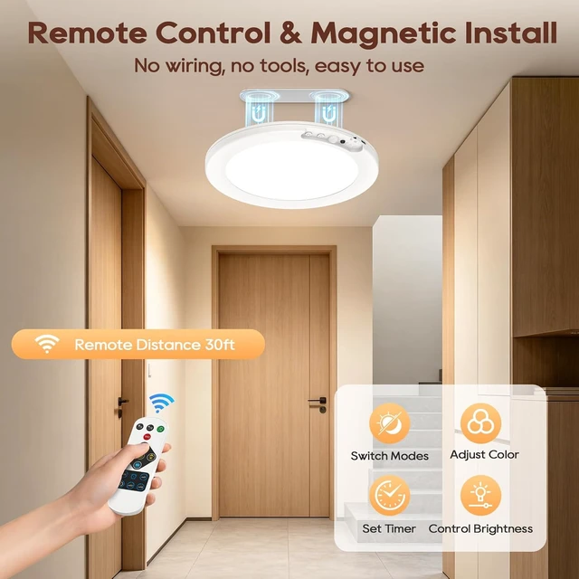 Alt view image 4 of 7 - 2 Pack Rechargeable Motion Sensor Ceiling Light, 8000mAh Battery Operated Ceiling Lights with Remote, Magnetic Wireless Closet Light, 3 Color Dimmable LED Lights for Closet Shower Pantry Hallway