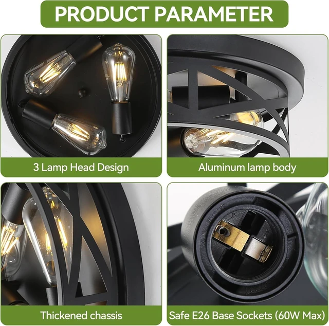 Alt view image 4 of 7 - 13 inch Black Flush Mount Ceiling Light Fixtures,3-Light Modern Hallway Light Fixtures Ceiling, Black Light Fixture Ceiling Mount for Farmhouse,Kitchen, Bedroom 2 Pack