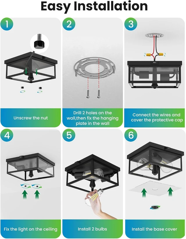 Alt view image 7 of 7 - Outdoor Ceiling Light with Motion Sensor, Flush Mount Porch Light, Exterior Light Fixture with Clear Glass, Dusk to Dawn 2-Light Fixture for Patio,Porch (10.5 in)