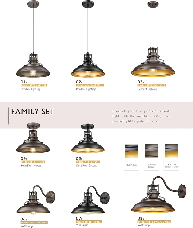Alt view image 6 of 6 - FEMILA Farmhouse Pendant Light,12" Barn Vintage Hanging Light Fixture for Kitchen Island, Adjustable Height,Oil Rubbed Bronze Finish, 4FY15-MP ORB