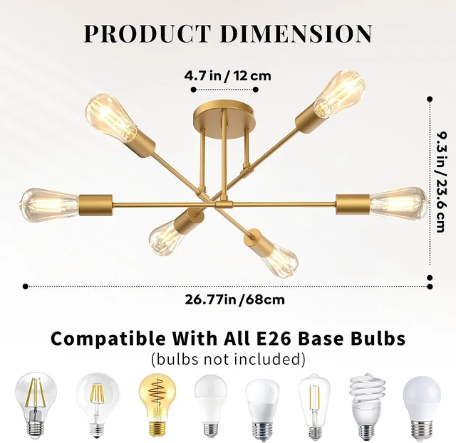 Alt view image 4 of 7 - Phaosio Gold 22" Modern Sputnik Chandelier, 6-Lights Ceiling Light Fixtures