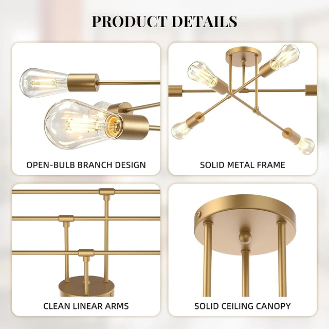 Alt view image 5 of 7 - Phaosio Gold 22" Modern Sputnik Chandelier, 6-Lights Ceiling Light Fixtures