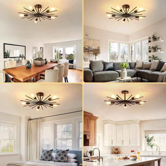 Alt view image 6 of 7 - Sputnik Ceiling Light Fixture, 27.5 Inch 5-Light Large Black Semi Flush Mount Light, Modern Farmhouse Sloped Ceiling Lamp for Kitchen Entryway Bedroom Living Room, E26