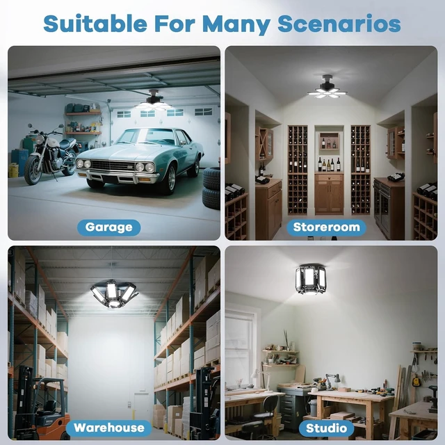Alt view image 7 of 7 - 4 Pack Garage Light - 180W 18000 LM 6500K Deformable Garage Lights Ceiling LED with 6+1 Adjustable Panels, Shop Lights E26/E27 Screw Socket for workshops, Parking, Basement, Storage Room